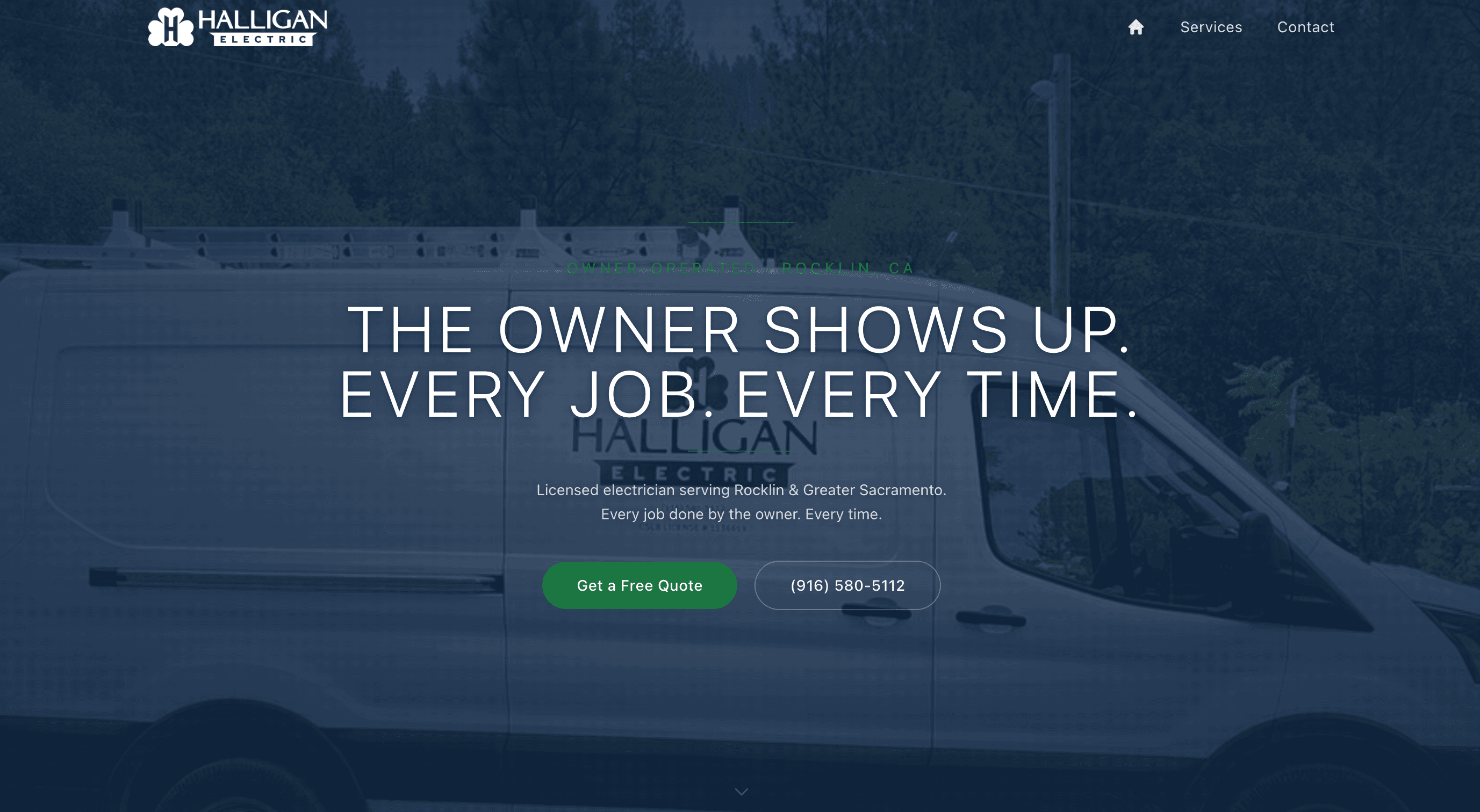 Halligan Electric home page with a service-focused hero and call-to-action.