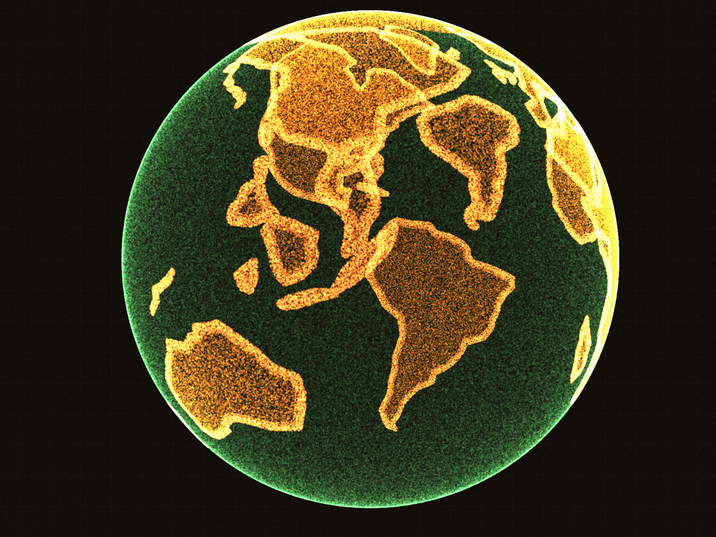 The Travelry particle globe at rest: green ocean and glowing amber continents drawn from hundreds of thousands of GPU particles.