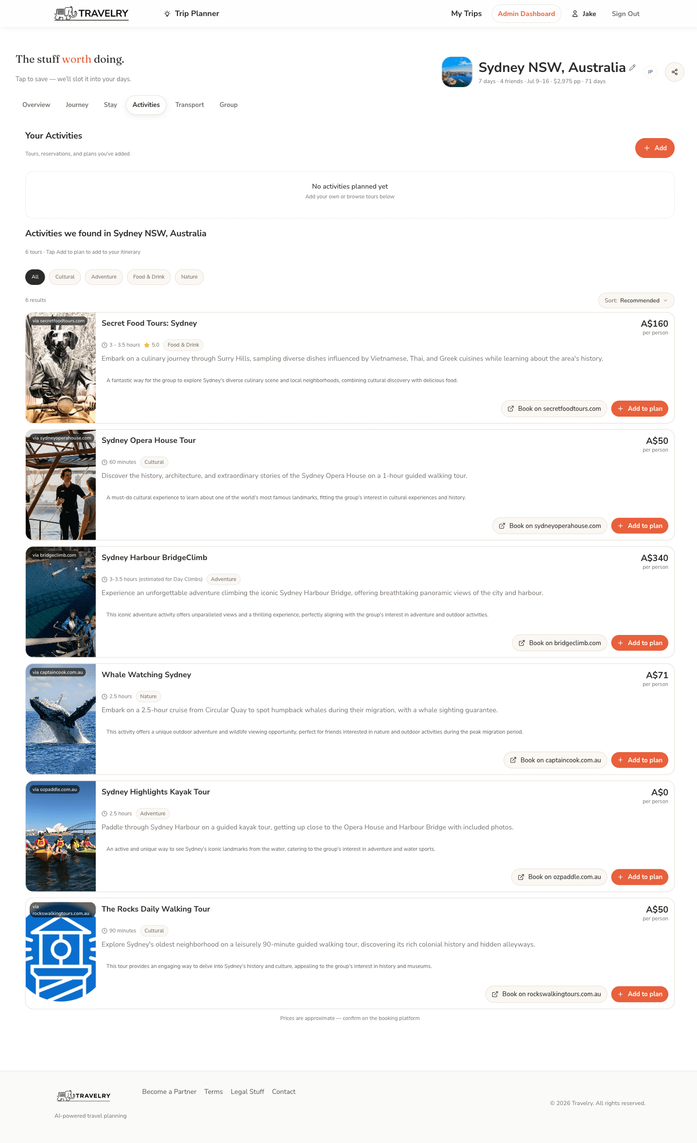 Travelry activities tab showing bookable experiences from Viator and GetYourGuide.