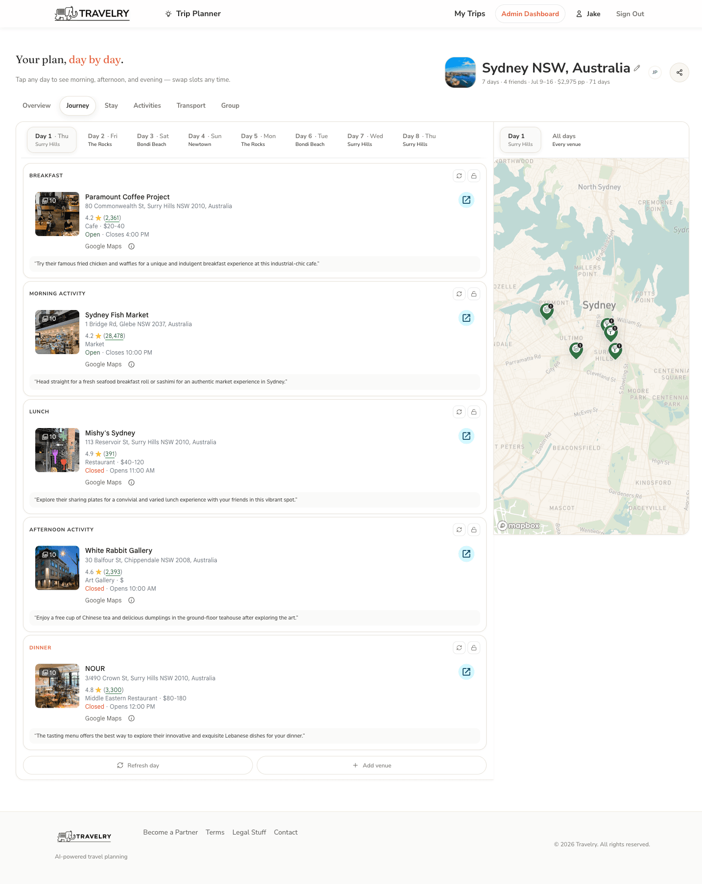 Travelry journey tab showing a day-by-day itinerary with verified places.