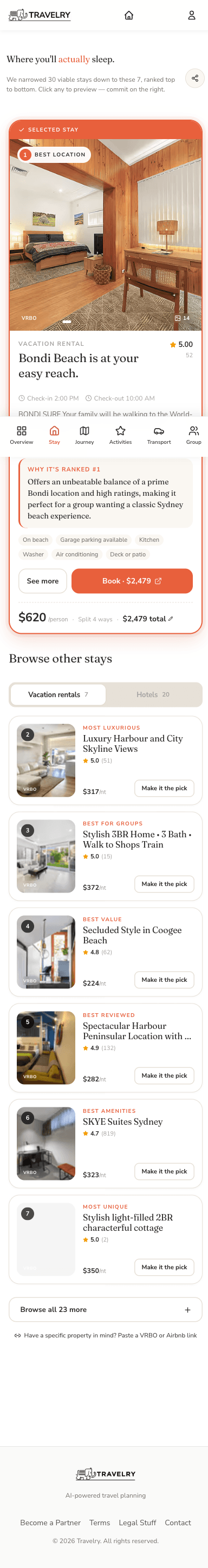 Travelry stays tab on mobile, showing the AI-ranked list reflowed natively for a phone screen.