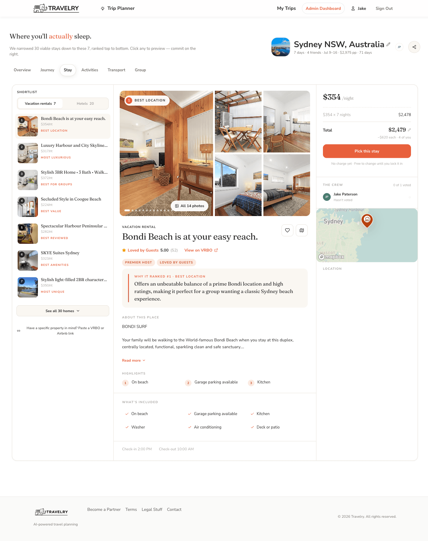 Travelry stays tab showing AI-ranked accommodations across Airbnb, VRBO, and hotels.