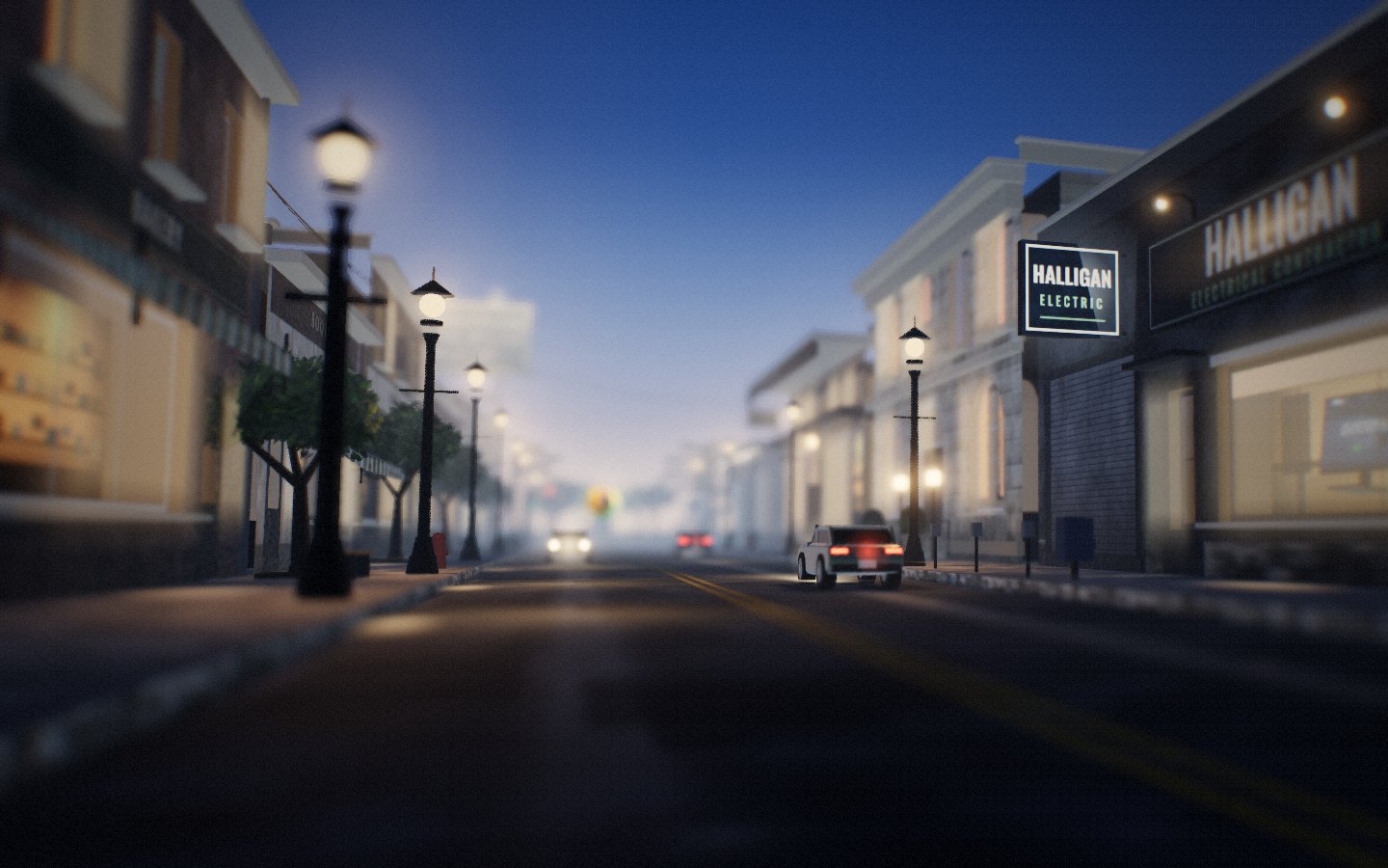 A miniature main street at dusk with glowing shop windows and Halligan Electric on the corner.