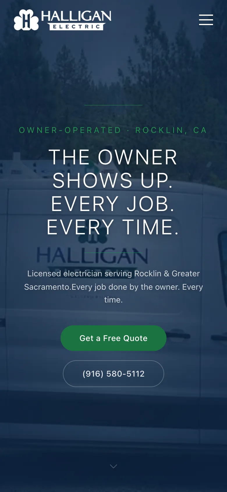 Halligan Electric's home page on a phone