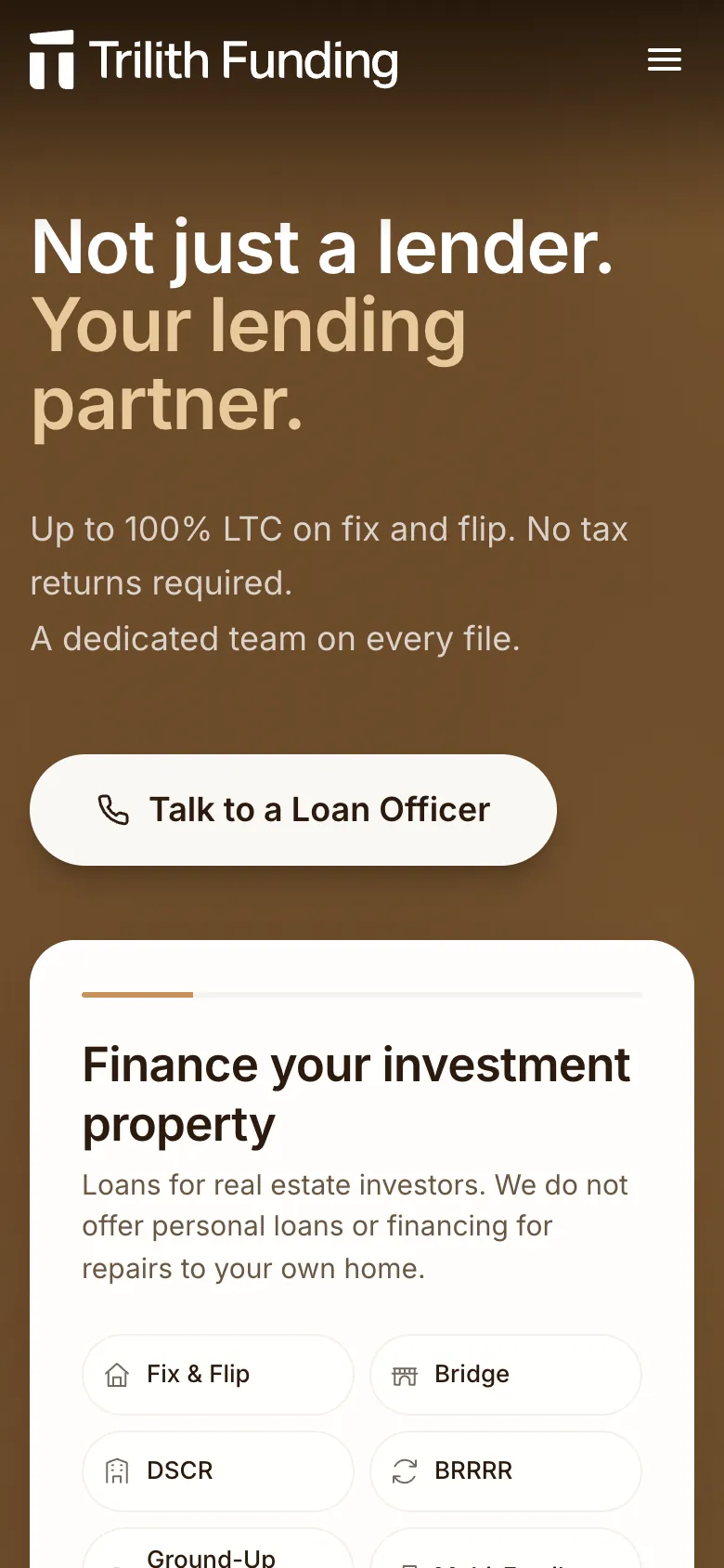 Trilith Funding's home page on a phone